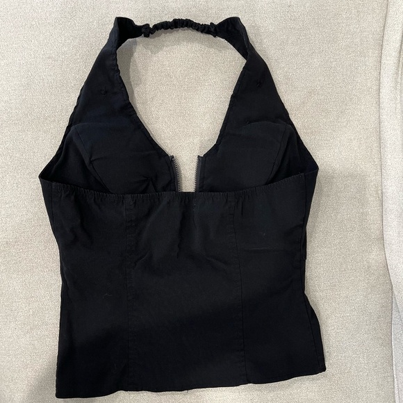 Black zip front backless halter top. military button details. Stretch fabric. - Picture 10 of 16